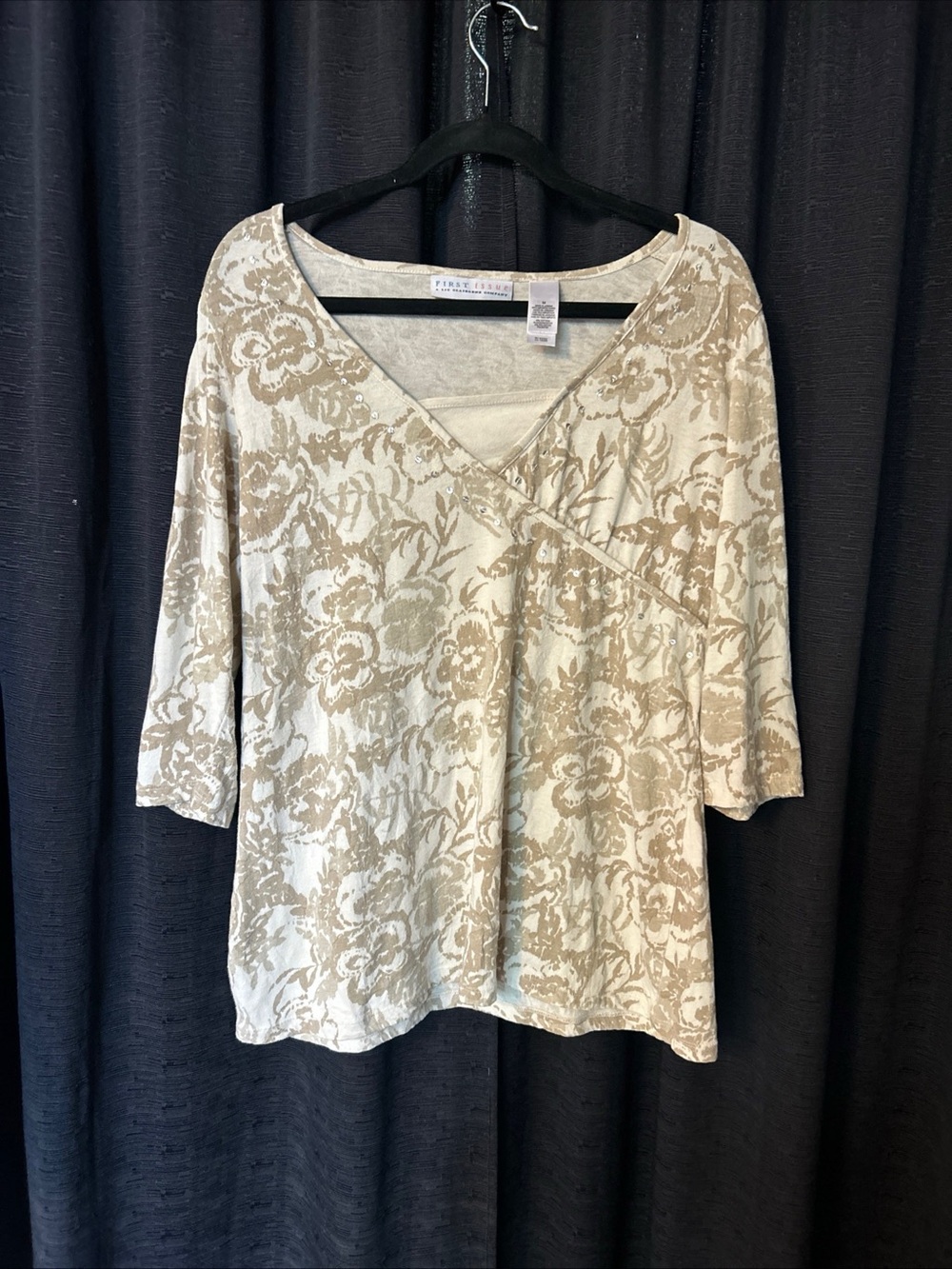 Cream Floral Wrap-Style Long Sleeve Women's Top